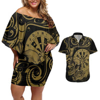New Zealand Darts Couples Matching Off Shoulder Short Dress and Hawaiian Shirt Skull In Dart We Trust Maori Pattern LT14 Gold - Polynesian Pride