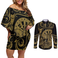 New Zealand Darts Couples Matching Off Shoulder Short Dress and Long Sleeve Button Shirt Skull In Dart We Trust Maori Pattern LT14 Gold - Polynesian Pride