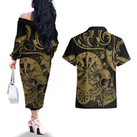 New Zealand Darts Couples Matching Off The Shoulder Long Sleeve Dress and Hawaiian Shirt Skull In Dart We Trust Maori Pattern LT14 - Polynesian Pride