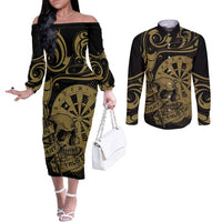New Zealand Darts Couples Matching Off The Shoulder Long Sleeve Dress and Long Sleeve Button Shirt Skull In Dart We Trust Maori Pattern LT14 Gold - Polynesian Pride