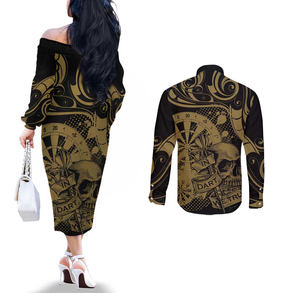 New Zealand Darts Couples Matching Off The Shoulder Long Sleeve Dress and Long Sleeve Button Shirt Skull In Dart We Trust Maori Pattern LT14 - Polynesian Pride