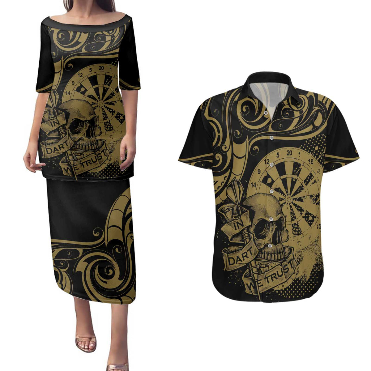 New Zealand Darts Couples Matching Puletasi and Hawaiian Shirt Skull In Dart We Trust Maori Pattern LT14 Gold - Polynesian Pride