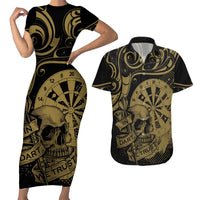 New Zealand Darts Couples Matching Short Sleeve Bodycon Dress and Hawaiian Shirt Skull In Dart We Trust Maori Pattern LT14 Gold - Polynesian Pride