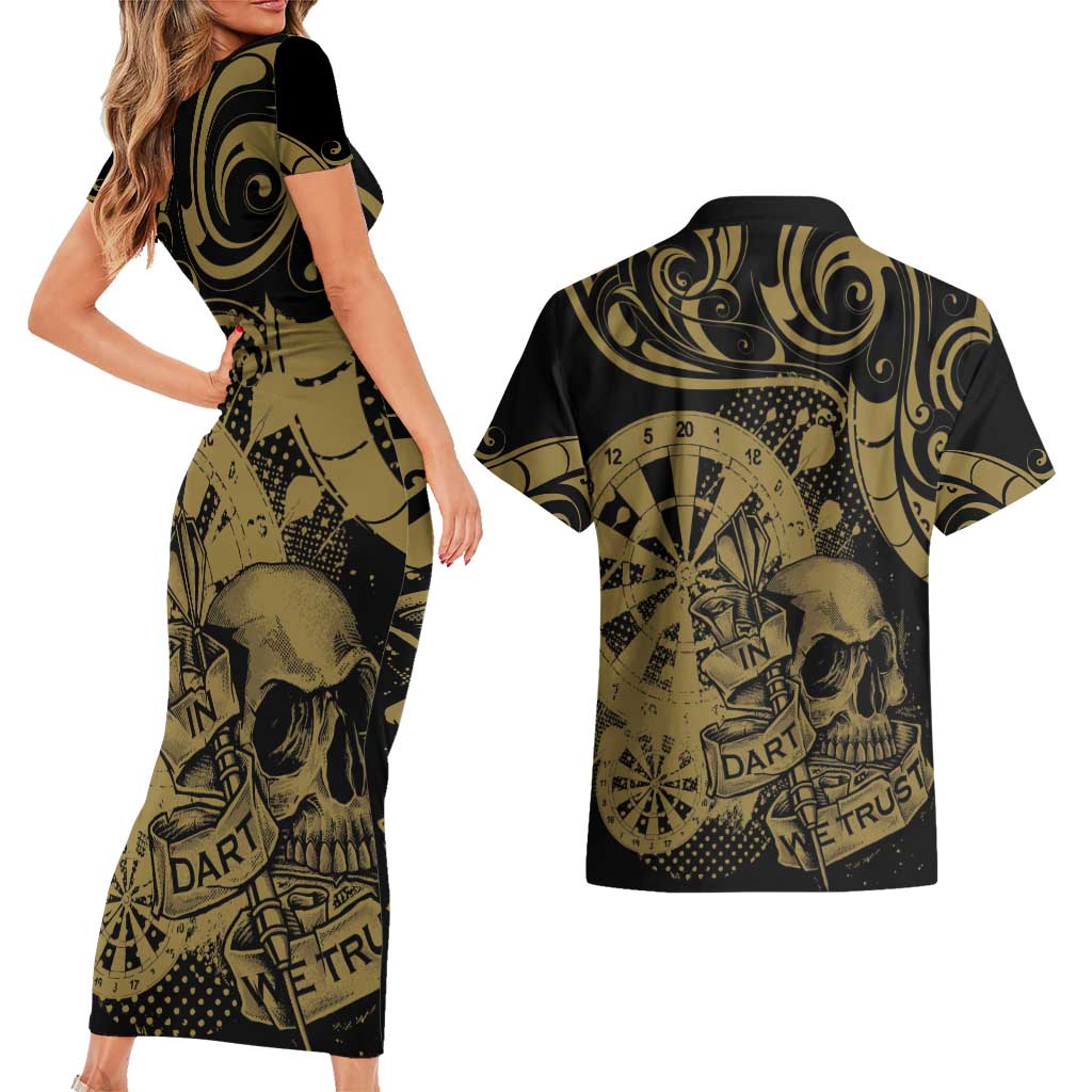 New Zealand Darts Couples Matching Short Sleeve Bodycon Dress and Hawaiian Shirt Skull In Dart We Trust Maori Pattern LT14 - Polynesian Pride