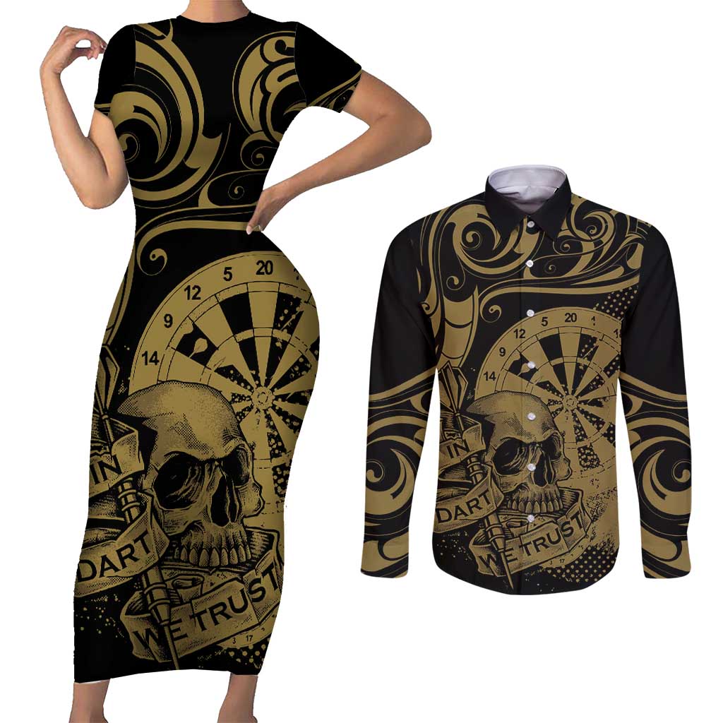 New Zealand Darts Couples Matching Short Sleeve Bodycon Dress and Long Sleeve Button Shirt Skull In Dart We Trust Maori Pattern LT14 Gold - Polynesian Pride