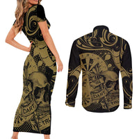 New Zealand Darts Couples Matching Short Sleeve Bodycon Dress and Long Sleeve Button Shirt Skull In Dart We Trust Maori Pattern LT14 - Polynesian Pride