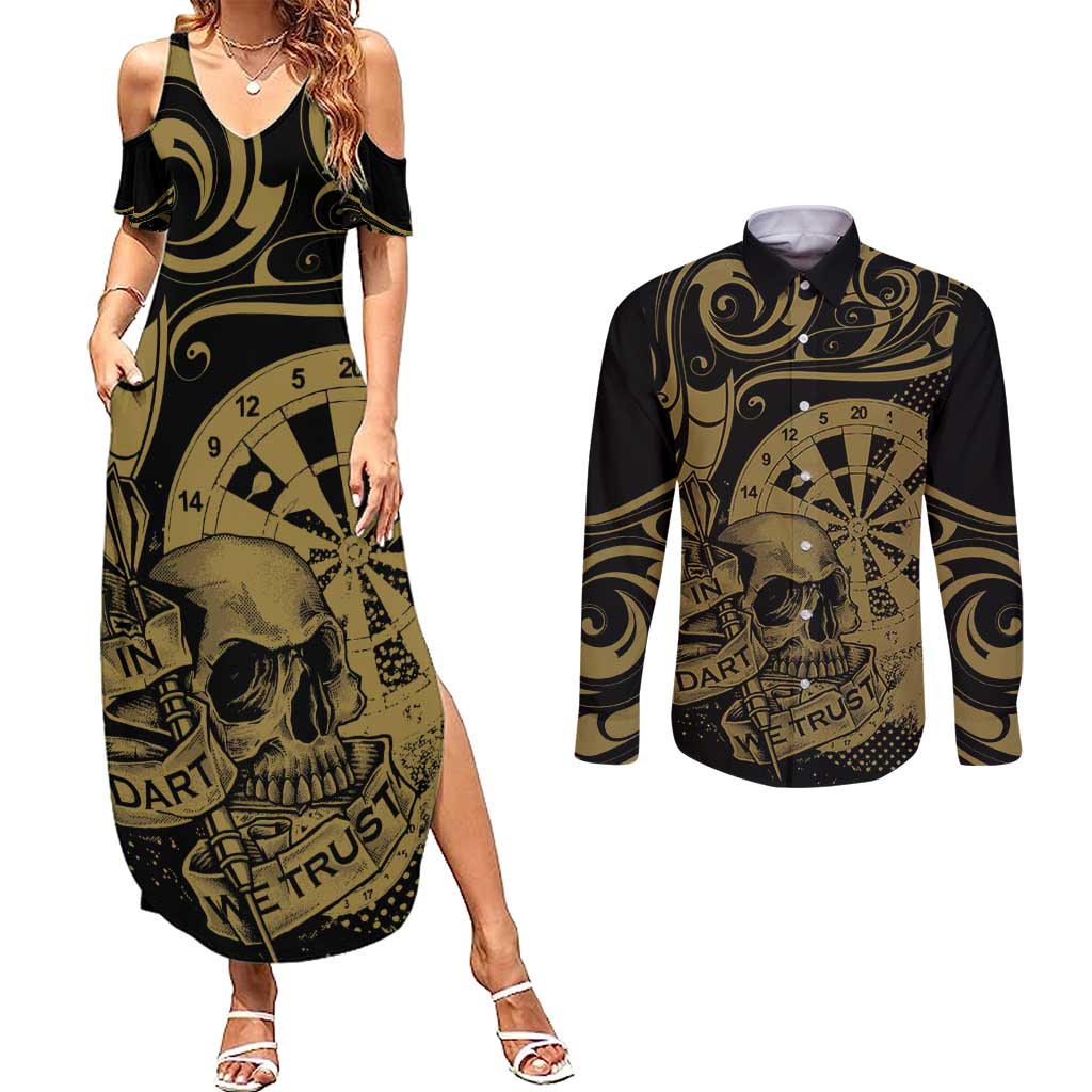 New Zealand Darts Couples Matching Summer Maxi Dress and Long Sleeve Button Shirt Skull In Dart We Trust Maori Pattern LT14 Gold - Polynesian Pride