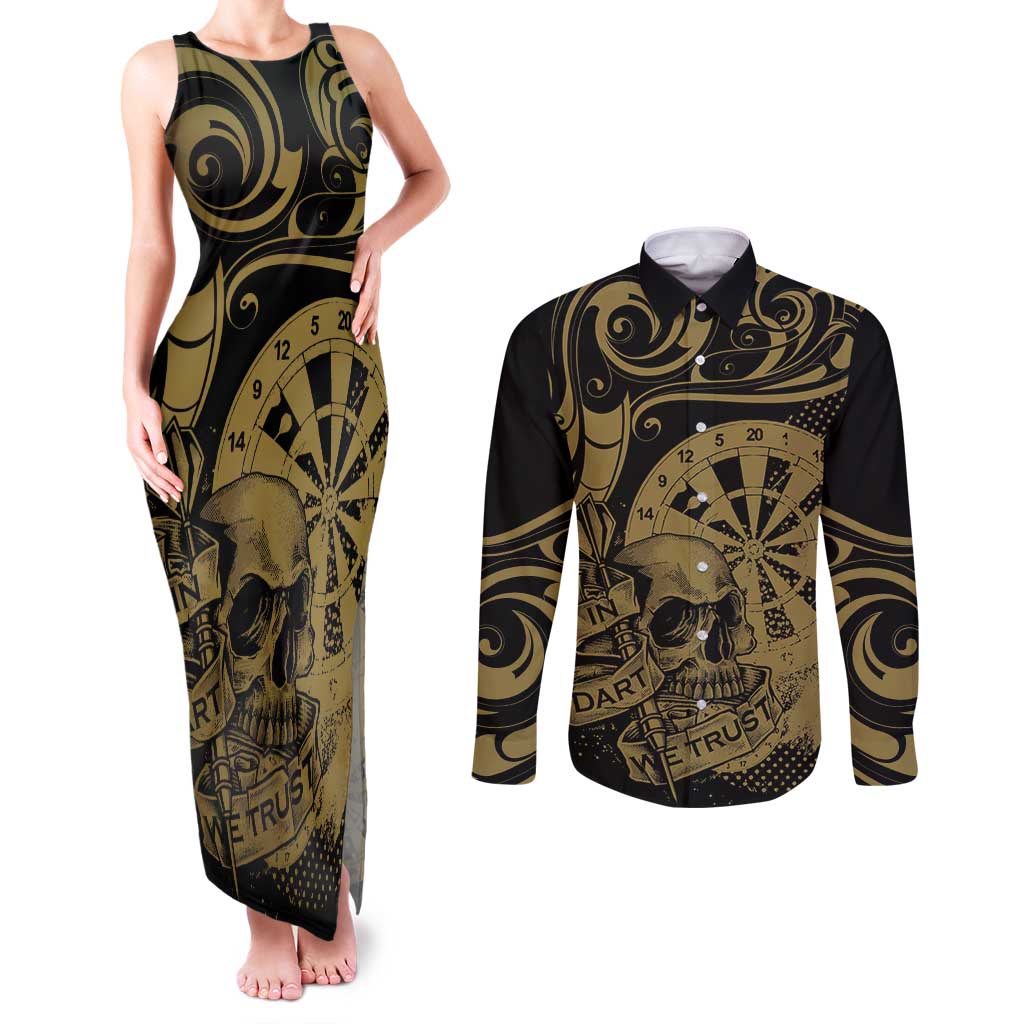 New Zealand Darts Couples Matching Tank Maxi Dress and Long Sleeve Button Shirt Skull In Dart We Trust Maori Pattern LT14 Gold - Polynesian Pride
