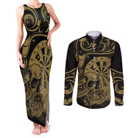 New Zealand Darts Couples Matching Tank Maxi Dress and Long Sleeve Button Shirt Skull In Dart We Trust Maori Pattern LT14 Gold - Polynesian Pride