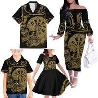New Zealand Darts Family Matching Off The Shoulder Long Sleeve Dress and Hawaiian Shirt Skull In Dart We Trust Maori Pattern LT14 - Polynesian Pride
