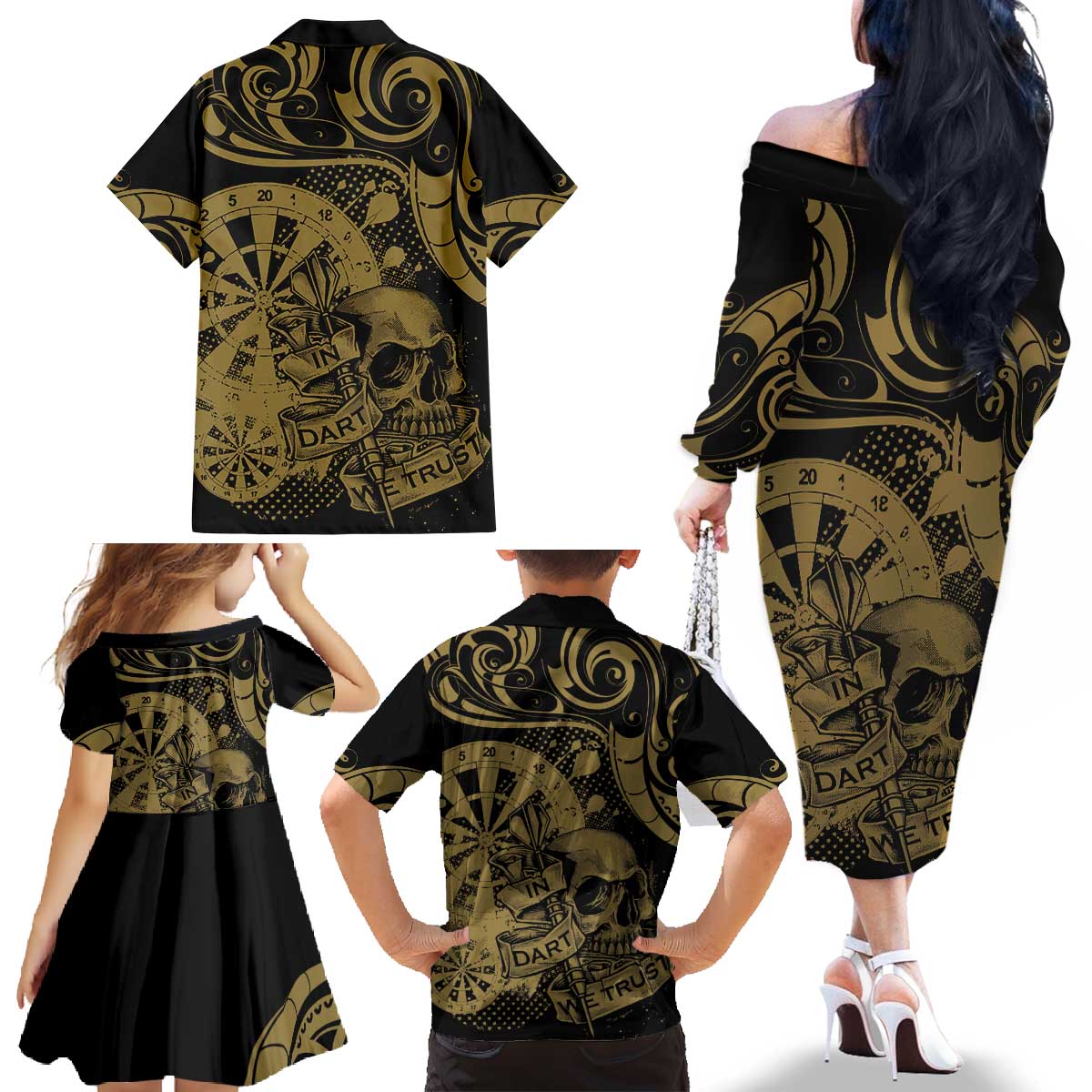 New Zealand Darts Family Matching Off The Shoulder Long Sleeve Dress and Hawaiian Shirt Skull In Dart We Trust Maori Pattern LT14 - Polynesian Pride