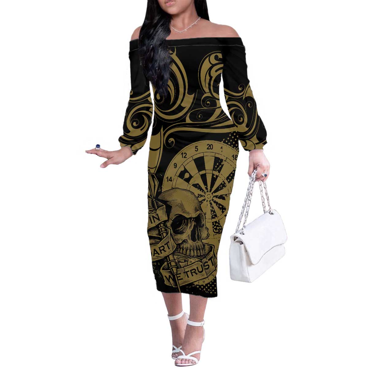 New Zealand Darts Family Matching Off The Shoulder Long Sleeve Dress and Hawaiian Shirt Skull In Dart We Trust Maori Pattern LT14 Mom's Dress Gold - Polynesian Pride