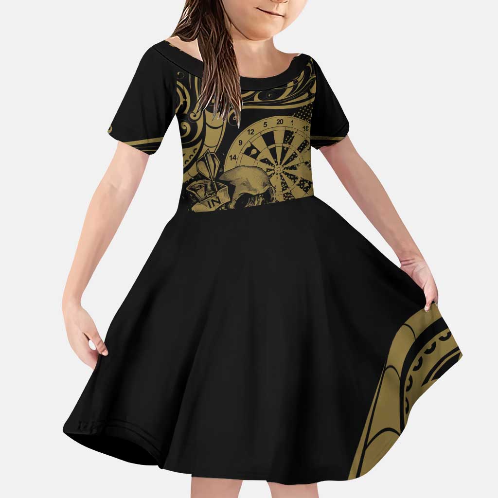 New Zealand Darts Family Matching Puletasi and Hawaiian Shirt Skull In Dart We Trust Maori Pattern LT14 Daughter's Dress Gold - Polynesian Pride