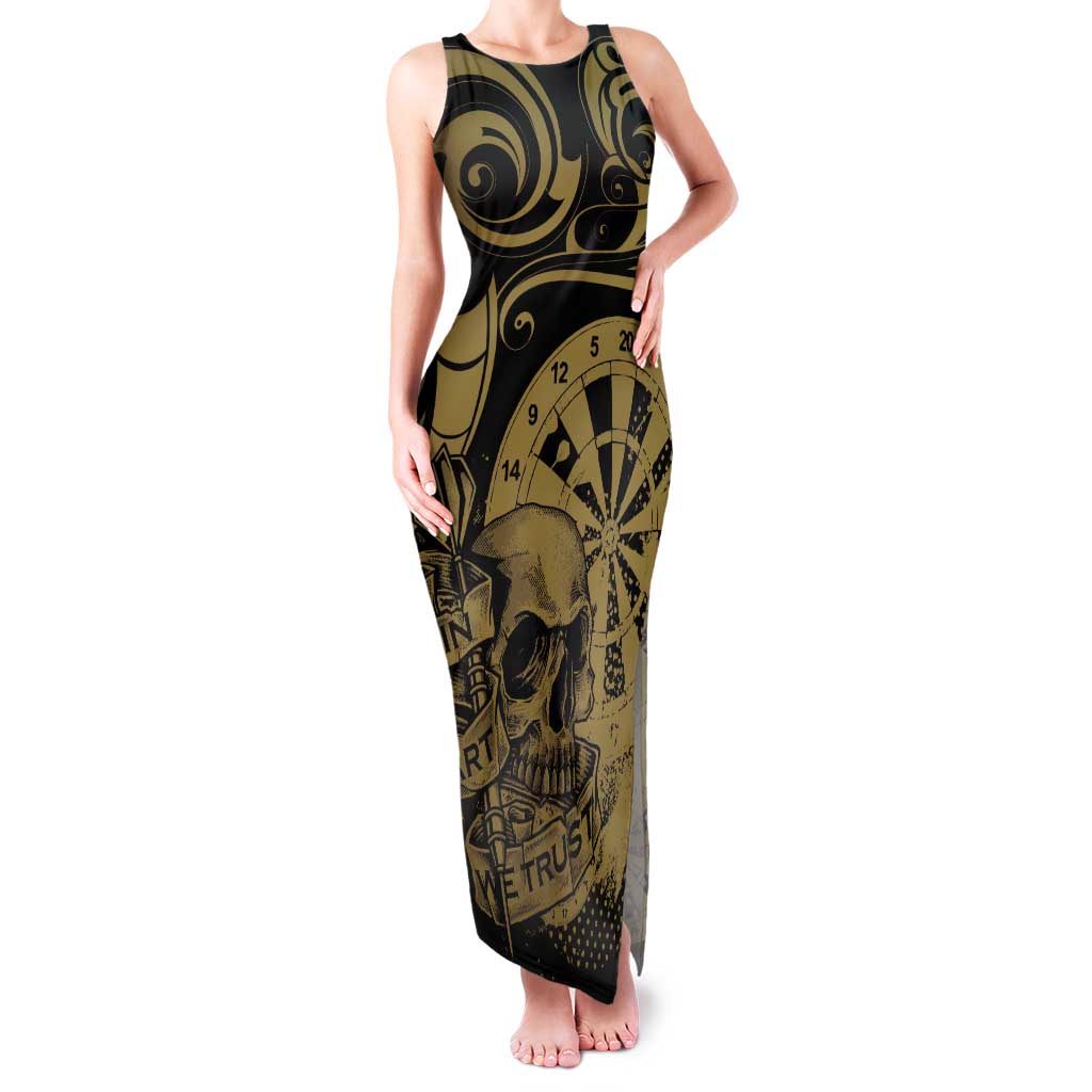 New Zealand Darts Family Matching Tank Maxi Dress and Hawaiian Shirt Skull In Dart We Trust Maori Pattern LT14 Mom's Dress Gold - Polynesian Pride