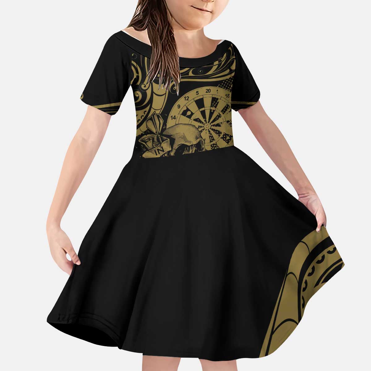 New Zealand Darts Kid Short Sleeve Dress Skull In Dart We Trust Maori Pattern - Polynesian Pride