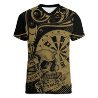 New Zealand Darts Women V-Neck T-Shirt Skull In Dart We Trust Maori Pattern LT14 Female Gold - Polynesian Pride