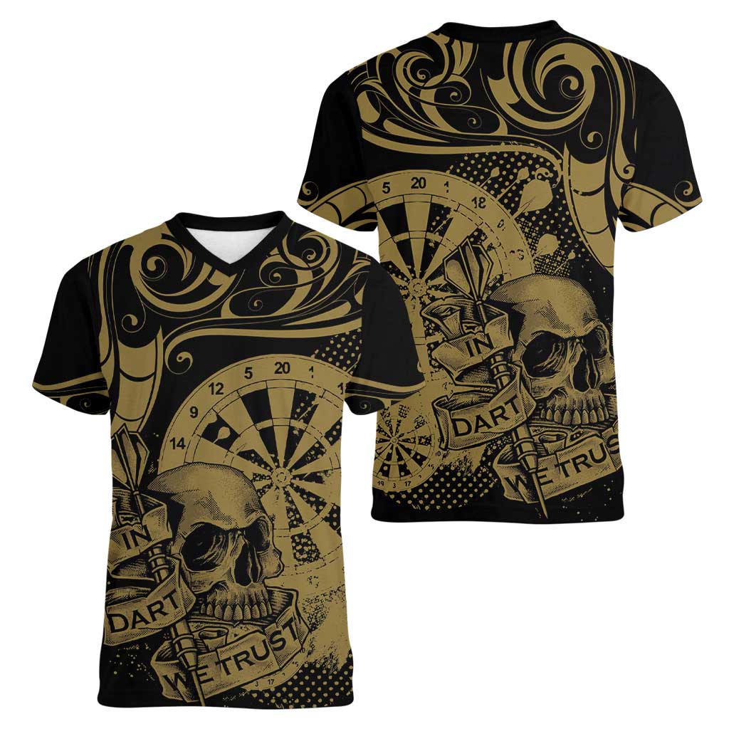 New Zealand Darts Women V-Neck T-Shirt Skull In Dart We Trust Maori Pattern LT14 - Polynesian Pride