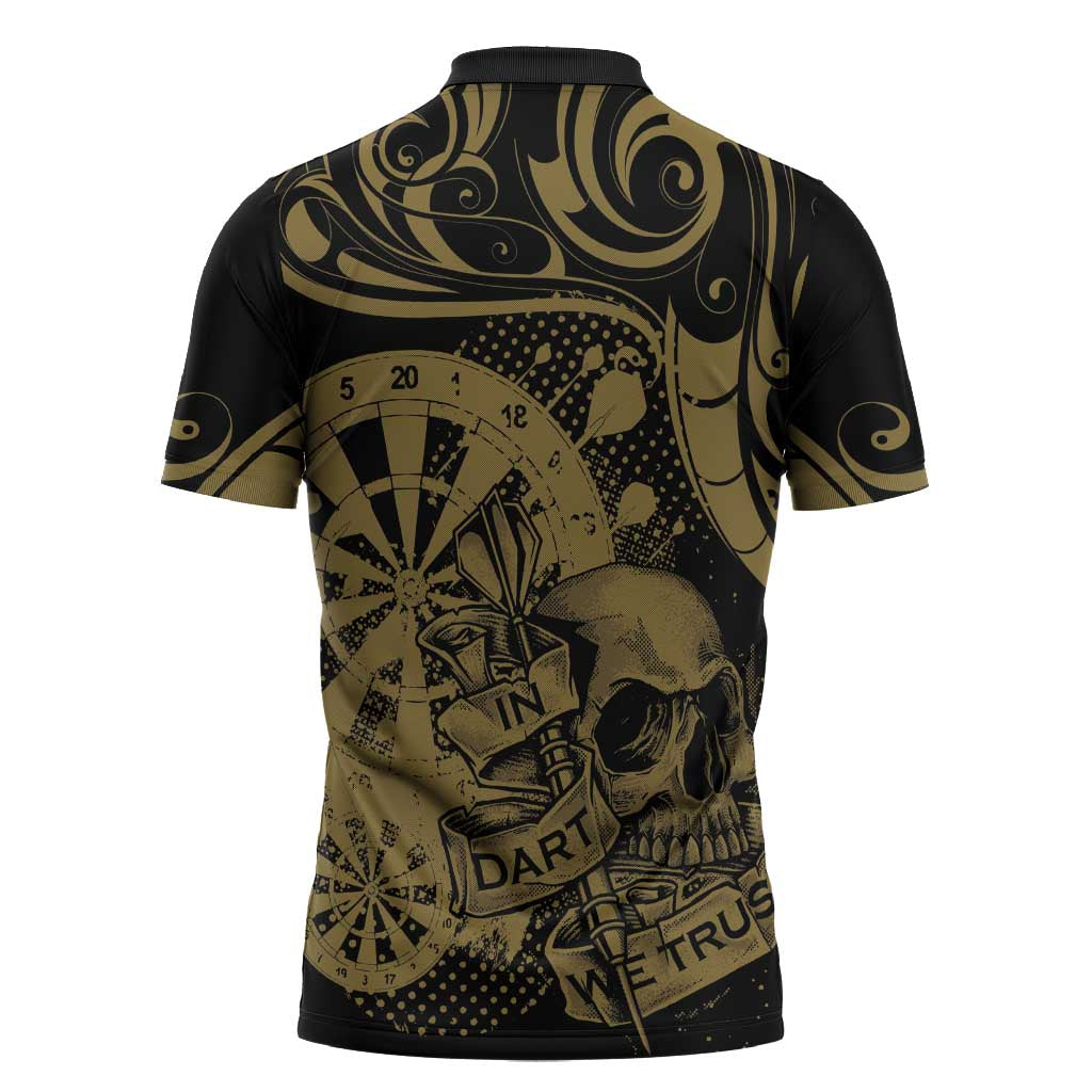 New Zealand Darts Zipper Polo Shirt Skull In Dart We Trust Maori Pattern - Polynesian Pride