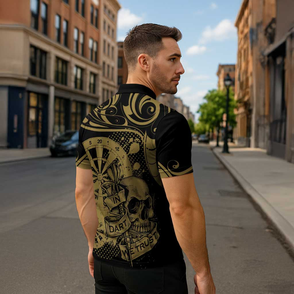 New Zealand Darts Zipper Polo Shirt Skull In Dart We Trust Maori Pattern - Polynesian Pride