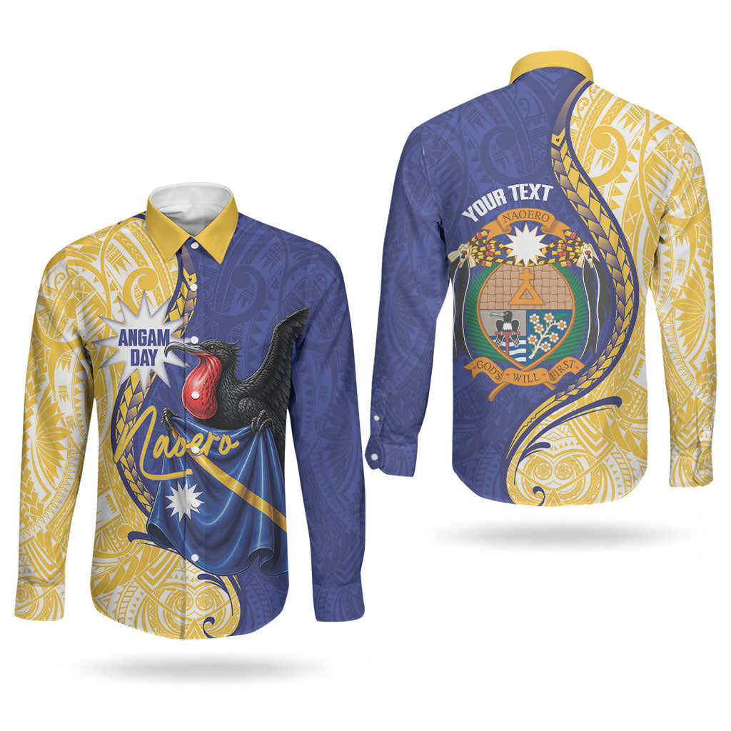 Personalised Nauru Angam Day Couples Matching Summer Maxi Dress and Long Sleeve Button Shirt Naoero Frigatebird With Flag Proud