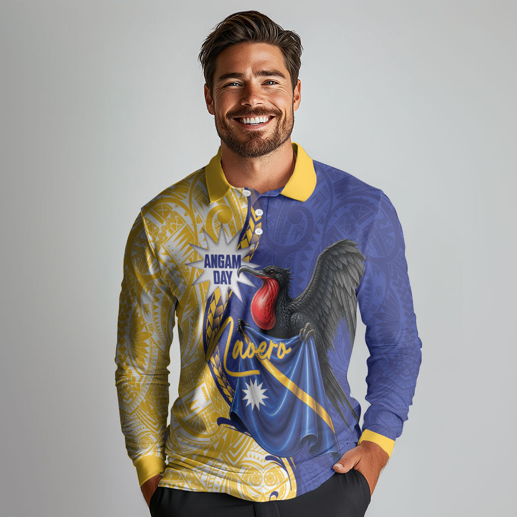 Personalised Nauru Angam Day Long Sleeve Polo Shirt Naoero Frigatebird With Flag Proud