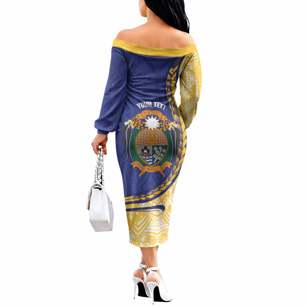 Personalised Nauru Angam Day Off The Shoulder Long Sleeve Dress Naoero Frigatebird With Flag Proud