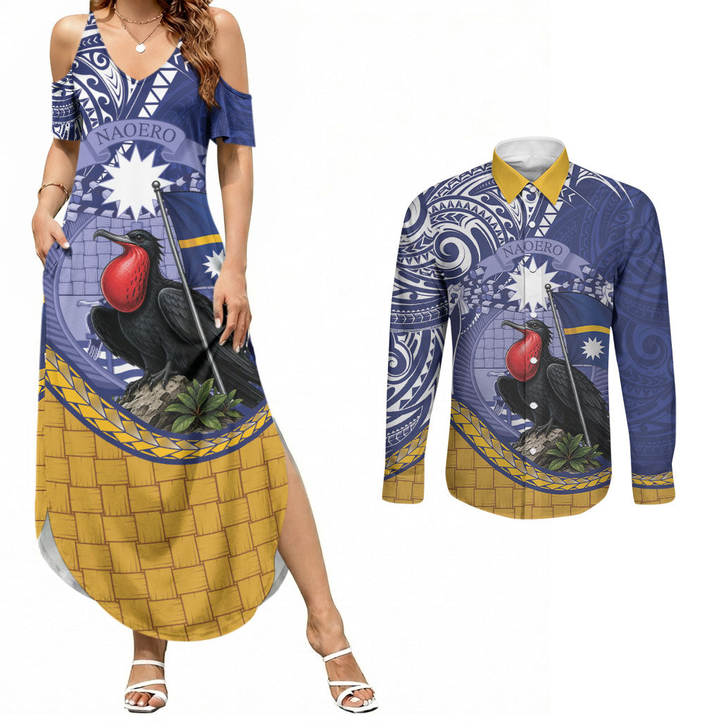 Magnificent Frigatebird Nauru Couples Matching Summer Maxi Dress and Long Sleeve Button Shirt Pandanus Weaving Polynesian Pattern