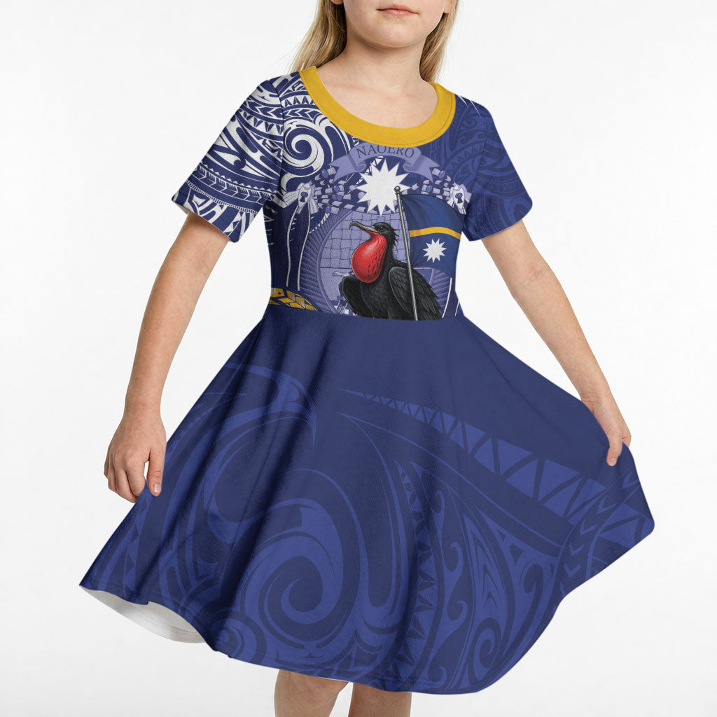 Magnificent Frigatebird Nauru Kid Short Sleeve Dress Pandanus Weaving Polynesian Pattern
