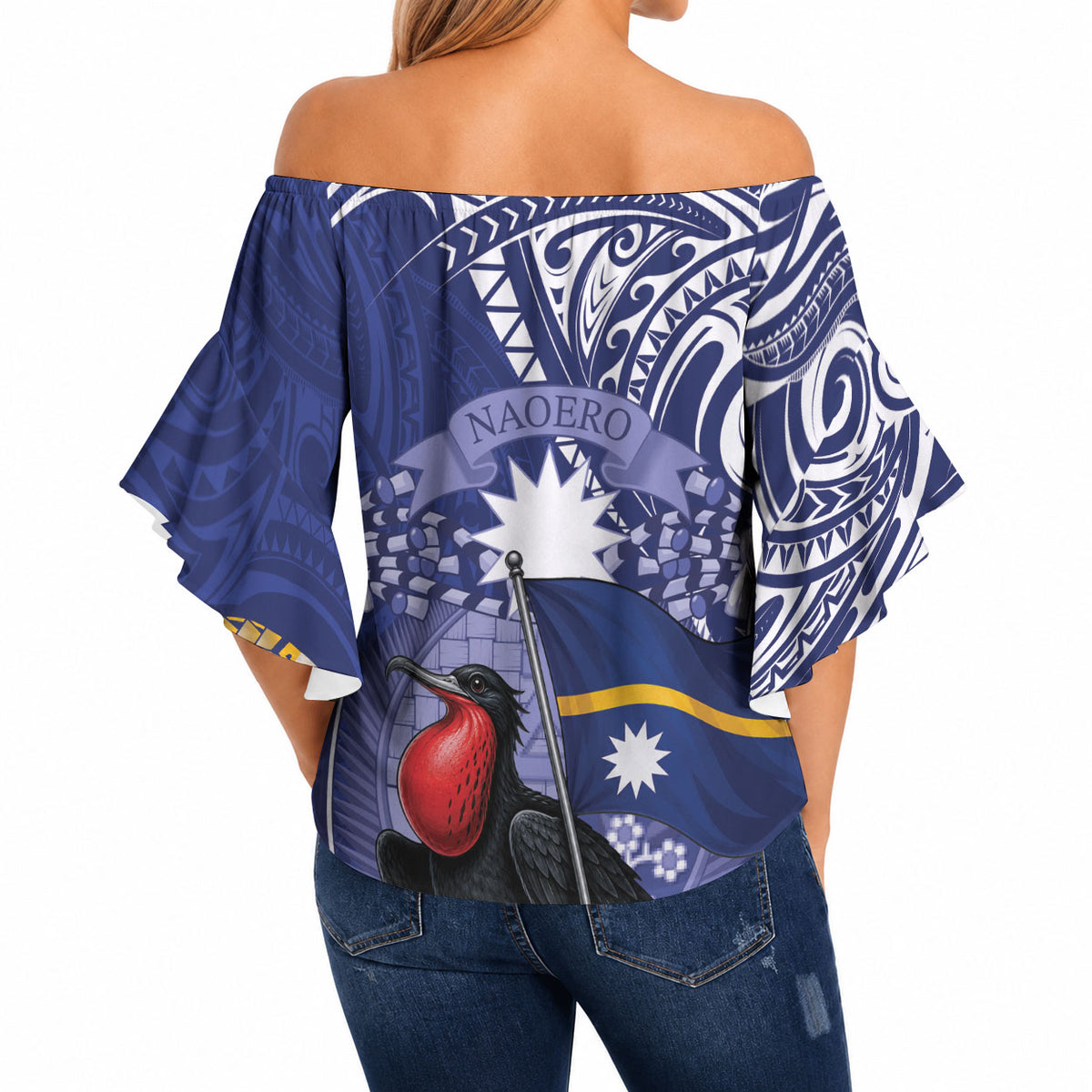 Magnificent Frigatebird Nauru Off Shoulder Wrap Waist Top Pandanus Weaving Polynesian Pattern