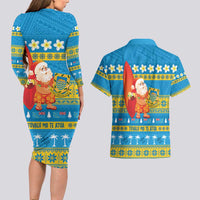 Tuvalu Christmas Couples Matching Long Sleeve Bodycon Dress and Hawaiian Shirt Cute Santa Manuia te Kilisimasi LT14 - Polynesian Pride