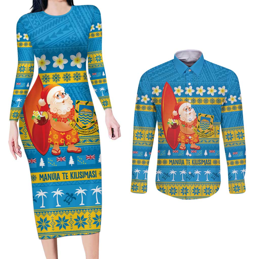 Tuvalu Christmas Couples Matching Long Sleeve Bodycon Dress and Long Sleeve Button Shirt Cute Santa Manuia te Kilisimasi LT14 Blue - Polynesian Pride