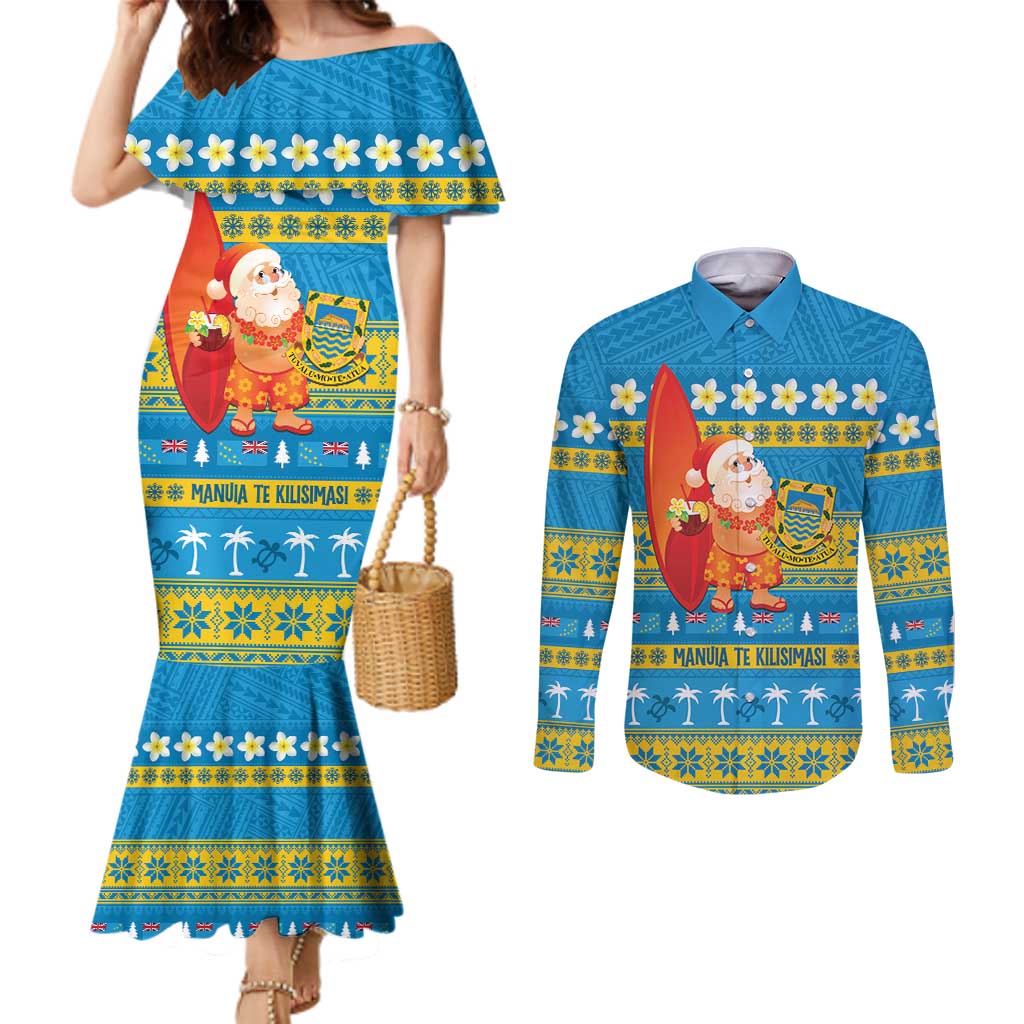 Tuvalu Christmas Couples Matching Mermaid Dress and Long Sleeve Button Shirt Cute Santa Manuia te Kilisimasi LT14 Blue - Polynesian Pride