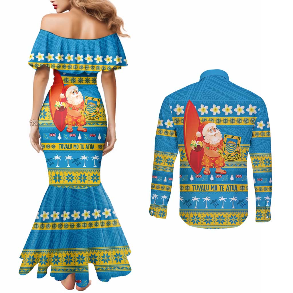 Tuvalu Christmas Couples Matching Mermaid Dress and Long Sleeve Button Shirt Cute Santa Manuia te Kilisimasi LT14 - Polynesian Pride