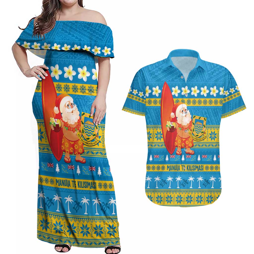 Tuvalu Christmas Couples Matching Off Shoulder Maxi Dress and Hawaiian Shirt Cute Santa Manuia te Kilisimasi LT14 Blue - Polynesian Pride