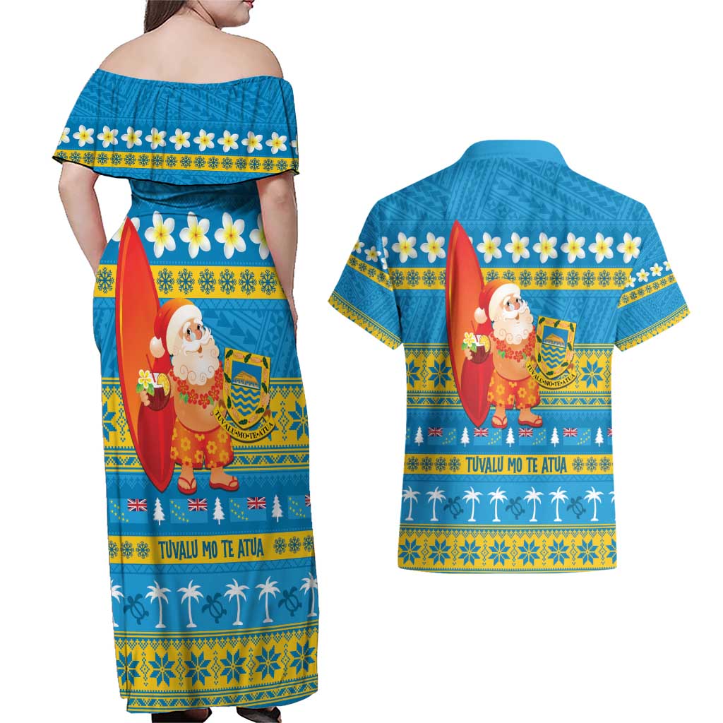 Tuvalu Christmas Couples Matching Off Shoulder Maxi Dress and Hawaiian Shirt Cute Santa Manuia te Kilisimasi LT14 - Polynesian Pride