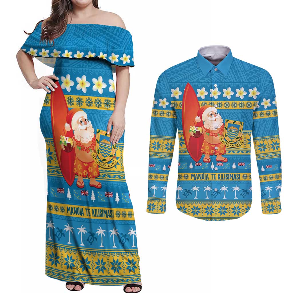 Tuvalu Christmas Couples Matching Off Shoulder Maxi Dress and Long Sleeve Button Shirt Cute Santa Manuia te Kilisimasi LT14 Blue - Polynesian Pride