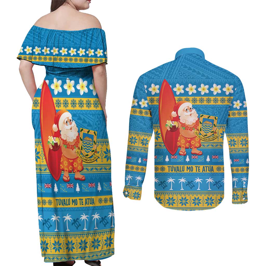 Tuvalu Christmas Couples Matching Off Shoulder Maxi Dress and Long Sleeve Button Shirt Cute Santa Manuia te Kilisimasi LT14 - Polynesian Pride