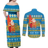 Tuvalu Christmas Couples Matching Off Shoulder Maxi Dress and Long Sleeve Button Shirt Cute Santa Manuia te Kilisimasi LT14 - Polynesian Pride