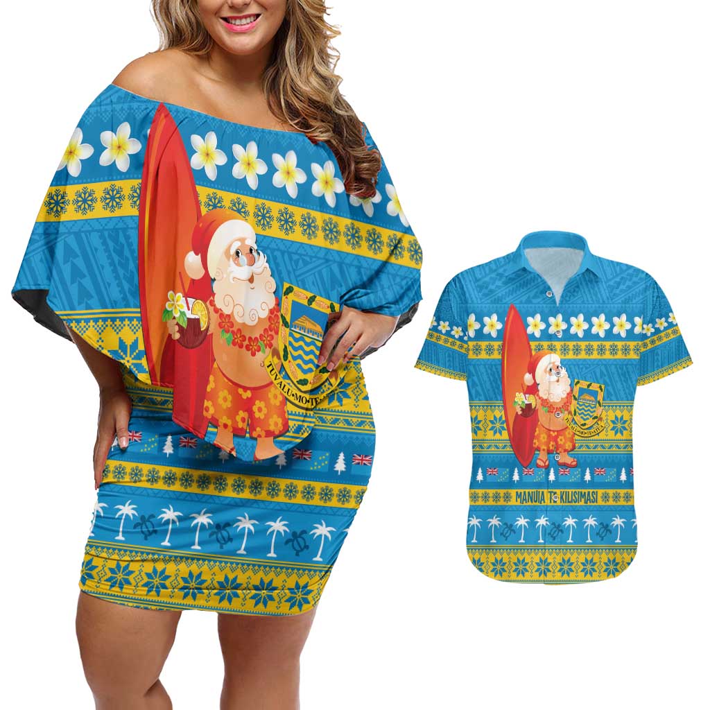 Tuvalu Christmas Couples Matching Off Shoulder Short Dress and Hawaiian Shirt Cute Santa Manuia te Kilisimasi LT14 Blue - Polynesian Pride