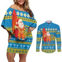 Tuvalu Christmas Couples Matching Off Shoulder Short Dress and Long Sleeve Button Shirt Cute Santa Manuia te Kilisimasi LT14 Blue - Polynesian Pride