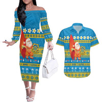 Tuvalu Christmas Couples Matching Off The Shoulder Long Sleeve Dress and Hawaiian Shirt Cute Santa Manuia te Kilisimasi LT14 Blue - Polynesian Pride