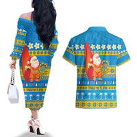 Tuvalu Christmas Couples Matching Off The Shoulder Long Sleeve Dress and Hawaiian Shirt Cute Santa Manuia te Kilisimasi LT14 - Polynesian Pride