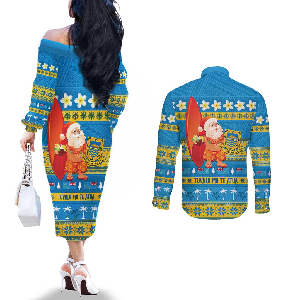 Tuvalu Christmas Couples Matching Off The Shoulder Long Sleeve Dress and Long Sleeve Button Shirt Cute Santa Manuia te Kilisimasi LT14 - Polynesian Pride