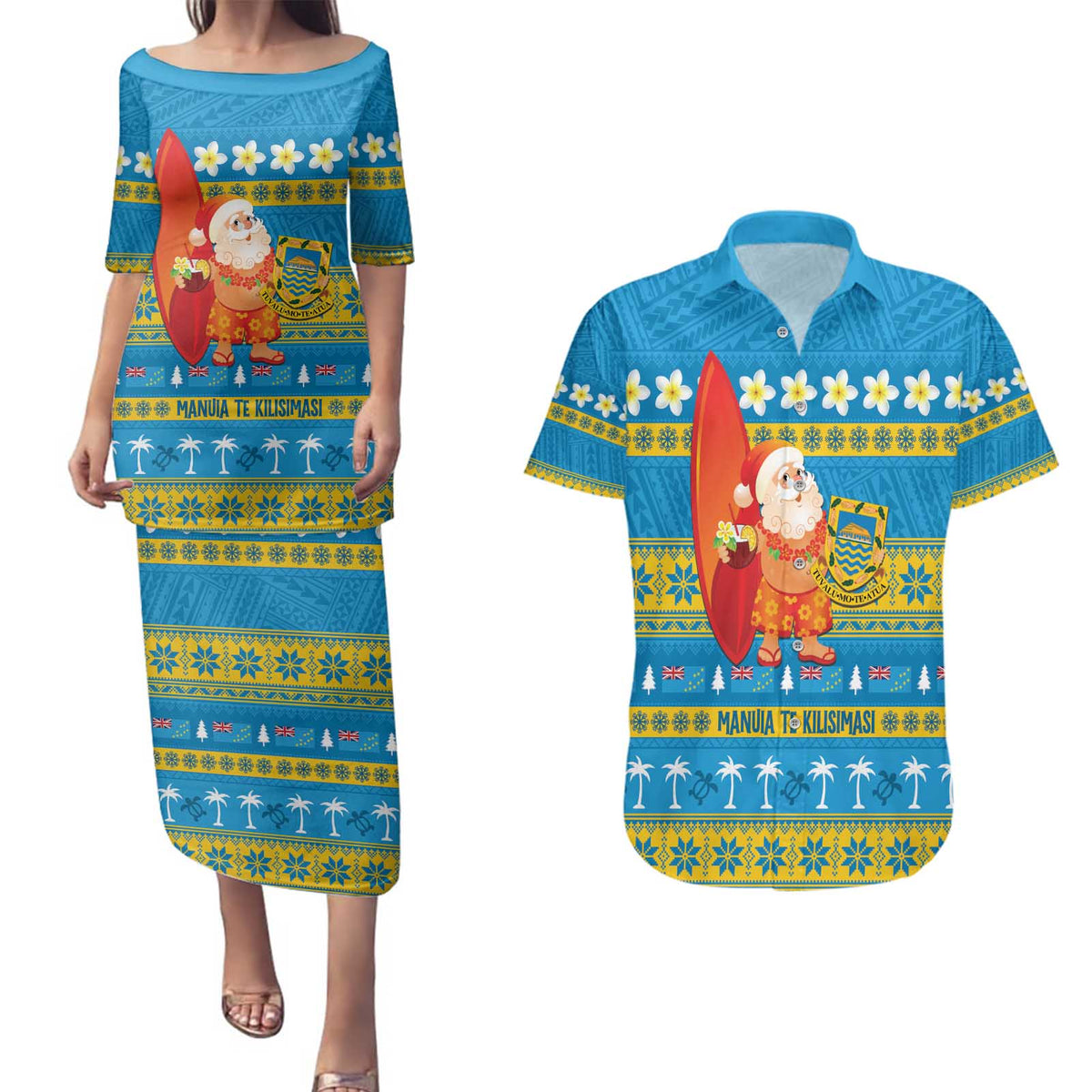 Tuvalu Christmas Couples Matching Puletasi and Hawaiian Shirt Cute Santa Manuia te Kilisimasi LT14 Blue - Polynesian Pride