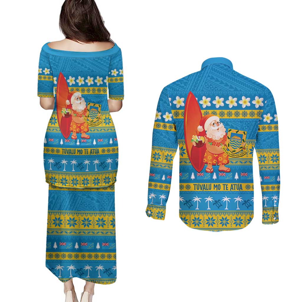 Tuvalu Christmas Couples Matching Puletasi and Long Sleeve Button Shirt Cute Santa Manuia te Kilisimasi LT14 - Polynesian Pride