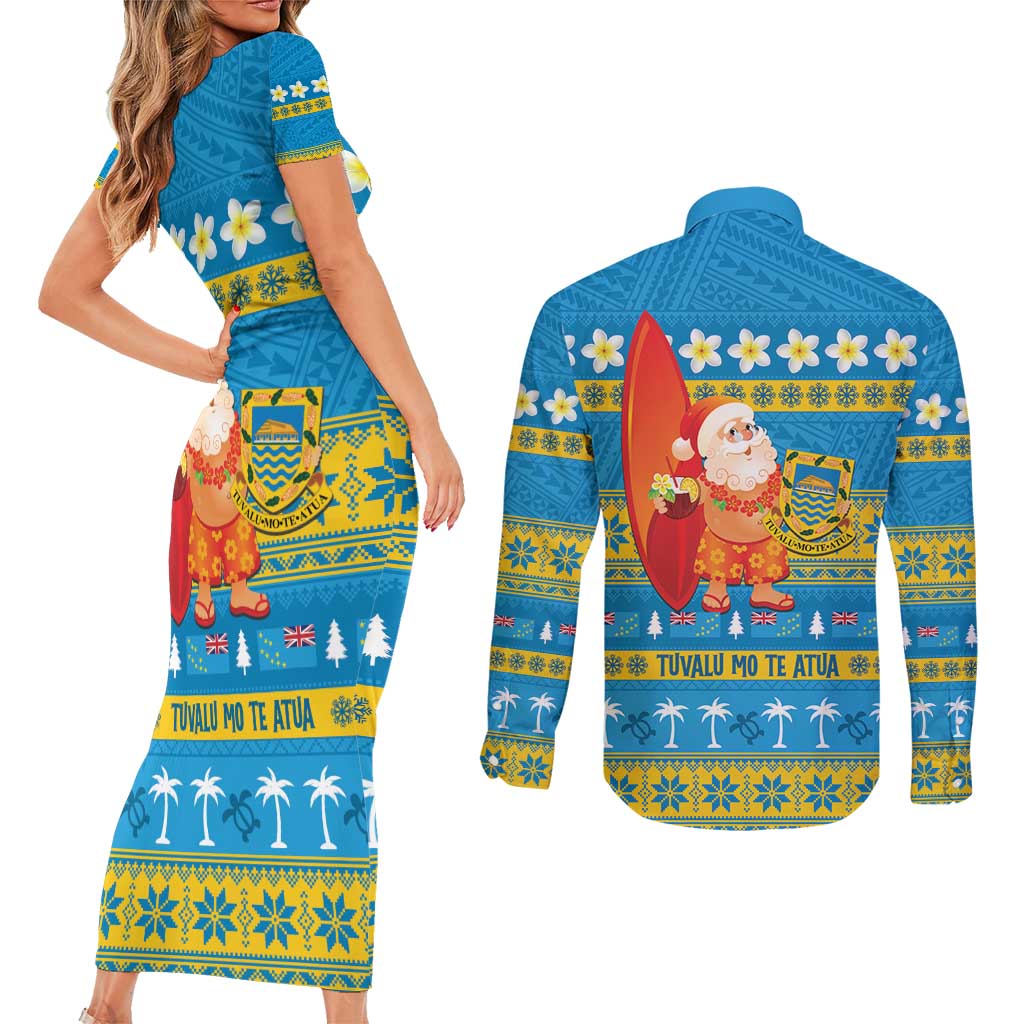 Tuvalu Christmas Couples Matching Short Sleeve Bodycon Dress and Long Sleeve Button Shirt Cute Santa Manuia te Kilisimasi LT14 - Polynesian Pride