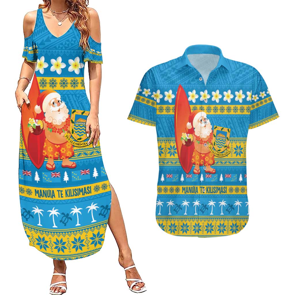 Tuvalu Christmas Couples Matching Summer Maxi Dress and Hawaiian Shirt Cute Santa Manuia te Kilisimasi LT14 Blue - Polynesian Pride