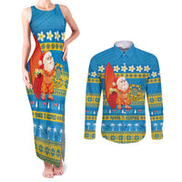 Tuvalu Christmas Couples Matching Tank Maxi Dress and Long Sleeve Button Shirt Cute Santa Manuia te Kilisimasi LT14 Blue - Polynesian Pride