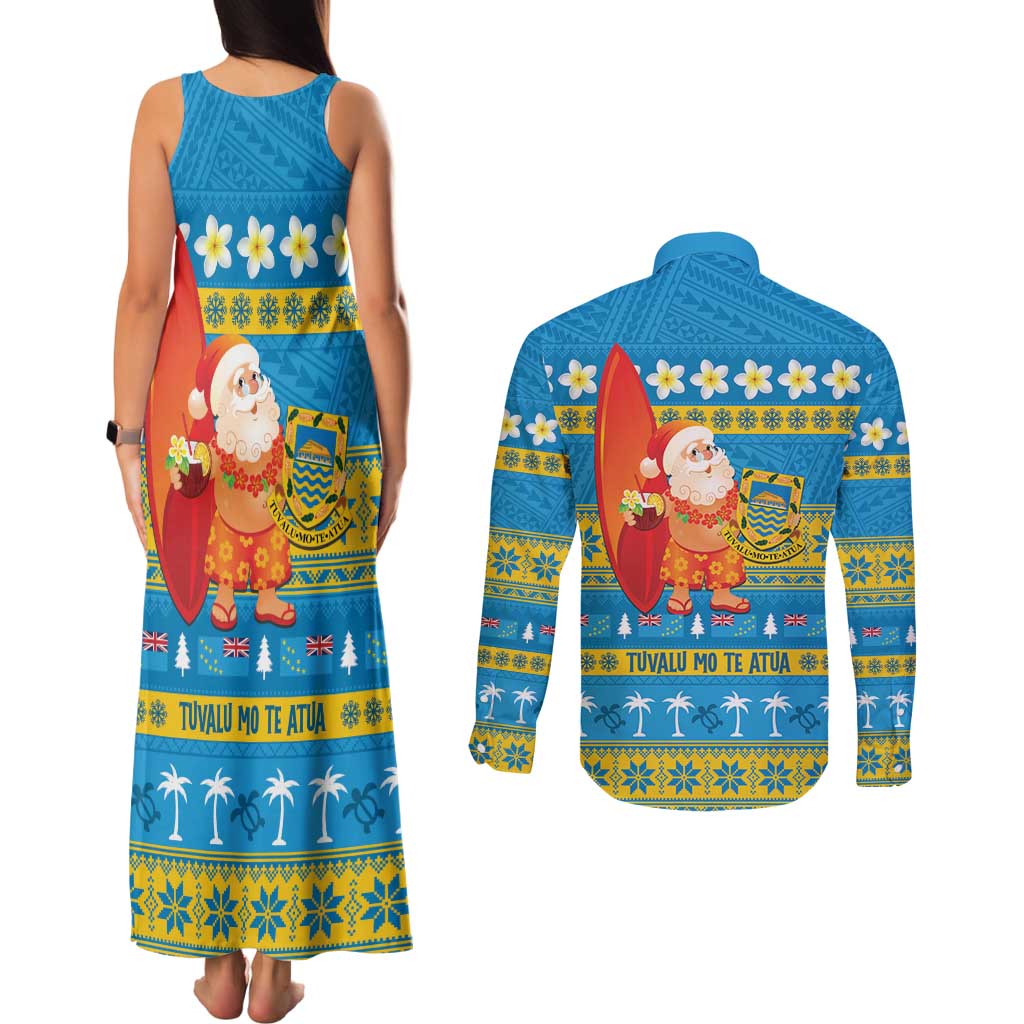 Tuvalu Christmas Couples Matching Tank Maxi Dress and Long Sleeve Button Shirt Cute Santa Manuia te Kilisimasi LT14 - Polynesian Pride