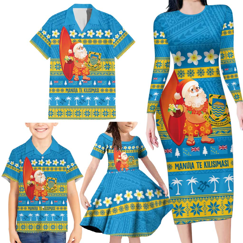 Tuvalu Christmas Family Matching Long Sleeve Bodycon Dress and Hawaiian Shirt Cute Santa Manuia te Kilisimasi LT14 - Polynesian Pride